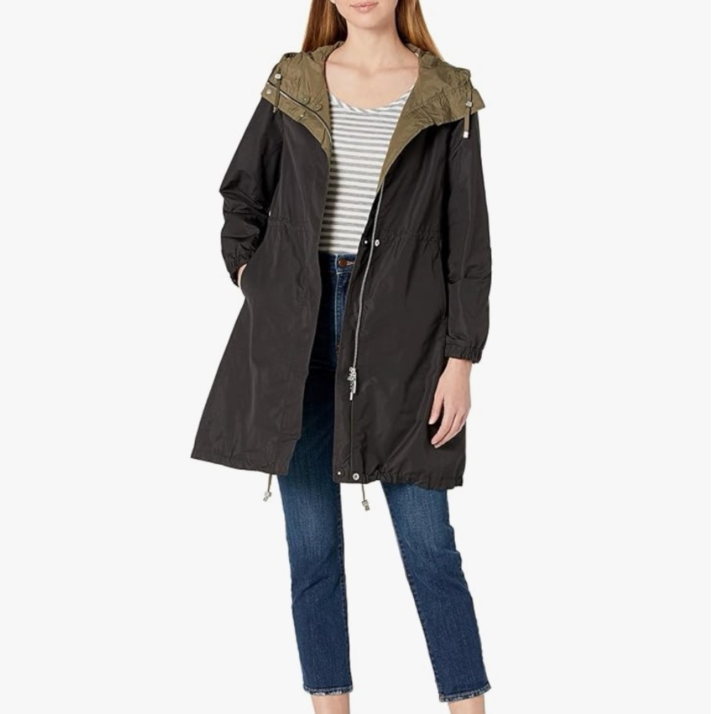 Coatology Reversible Packable Raincoat S Black Olive Hooded Long Anorak Jacket